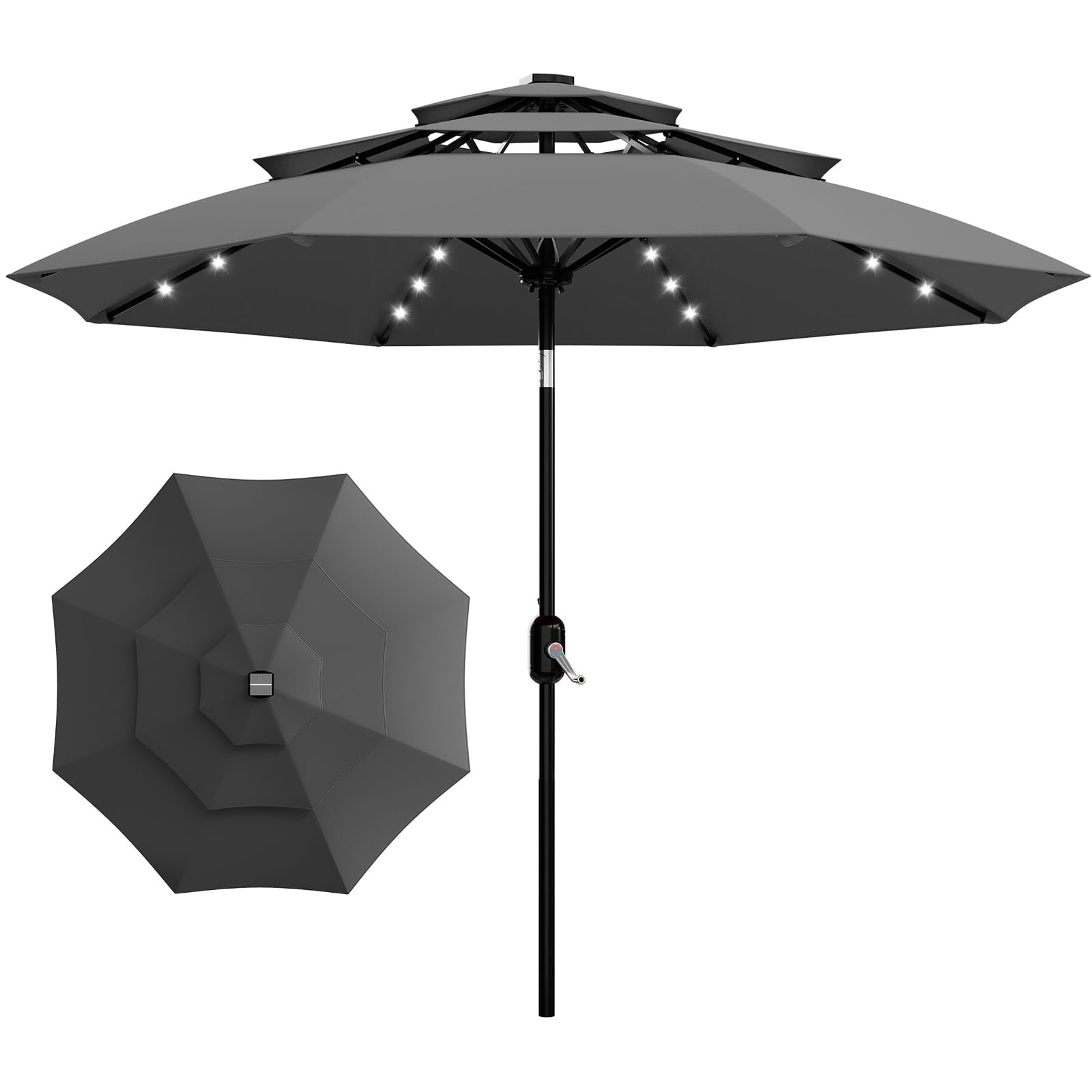 Emorefun 10ft Outdoor Table Umbrella, Portable Patio Umbrella with Solar Lights and 3-Tier Vents, Gray