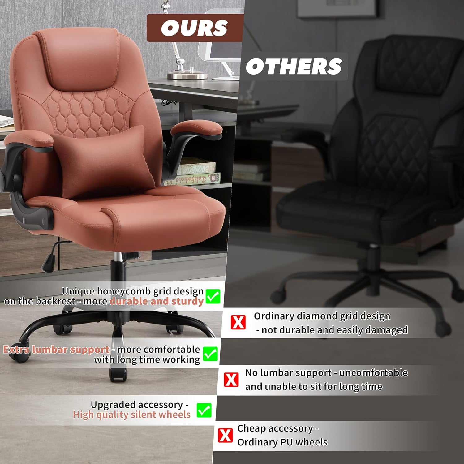 Nexthro Executive Office Chair PU,Leather Office Chair with Wheels,360° Swivel Rolling Chair with Padded Arms,Ergonomic Computer Chair with Lumbar Support for Short People Use(Brown)