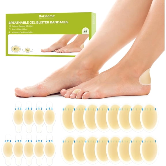 Bukihome Hydrocolloid Gel Blister Bandages - 25ct - Adhesive Blisters Bandages - Waterproof Blister Pads for Heel, Feet, Toe, Fingers - Gel Blister Prevention for Travel,Hiking (Variety Pack)