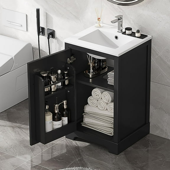 20 Inch Bathroom Vanities with Storage Cabinet Door Organizer, Undermount Ceramic Sink, Soft Closing Doors, Adjustable Shelf, Black