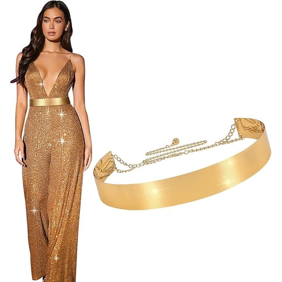 Metal Waist Belt Women Shiny Polished Mirror Chain Belts Metallic Waistband Adjustable Body Link Dress Belts