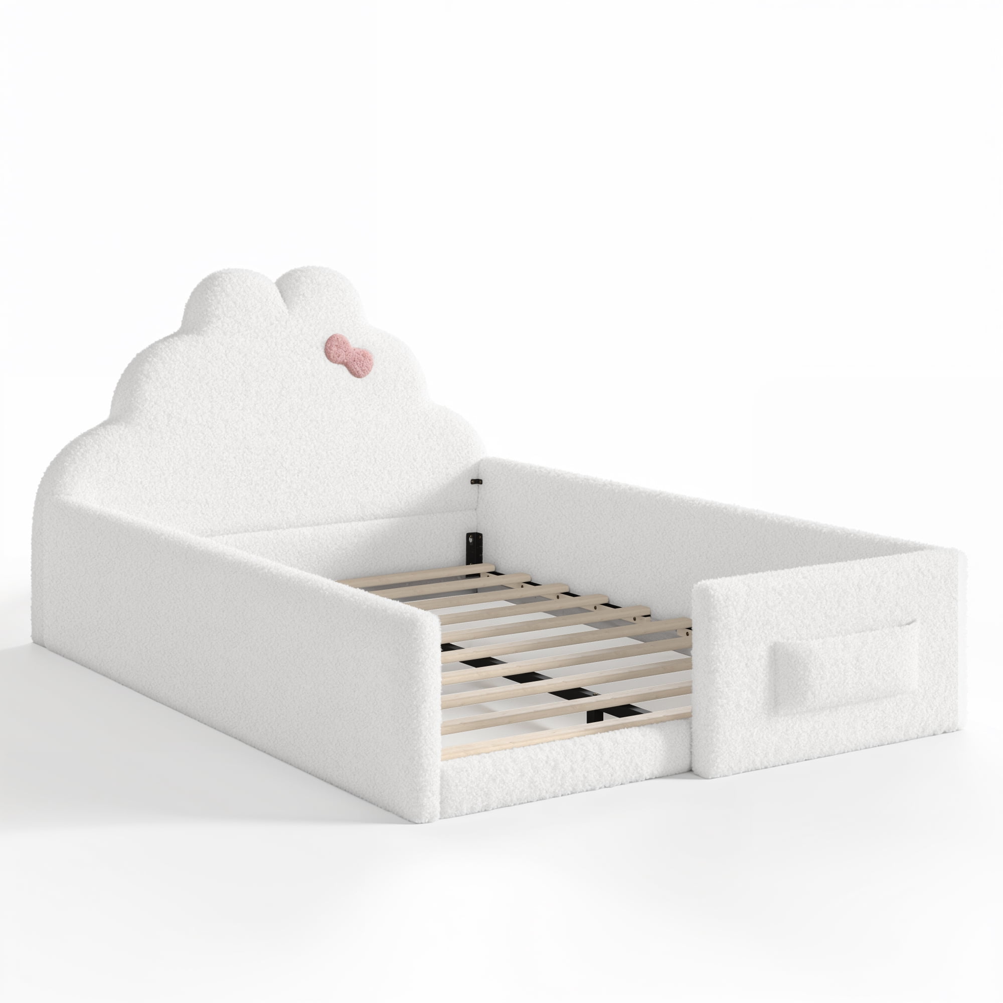 HOQBN Full Size Upholstered Floor Bed Frame, Soft Padded Upholstered Kids Bed, Safe Children Bed Frame with Side Storage Pocket for Bedroom White