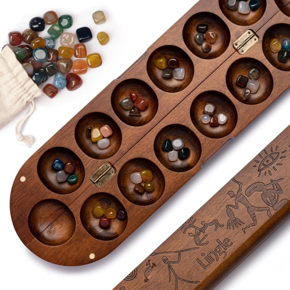 Ensemble de Mancala de Luxe : Planche Articulée en Bois Véritable avec 48 Pierres Précieuses Naturelles Mélangées - Pétroglyphes Africains Authentiques, Design Pliable pour Stratégie à 2 Joueurs