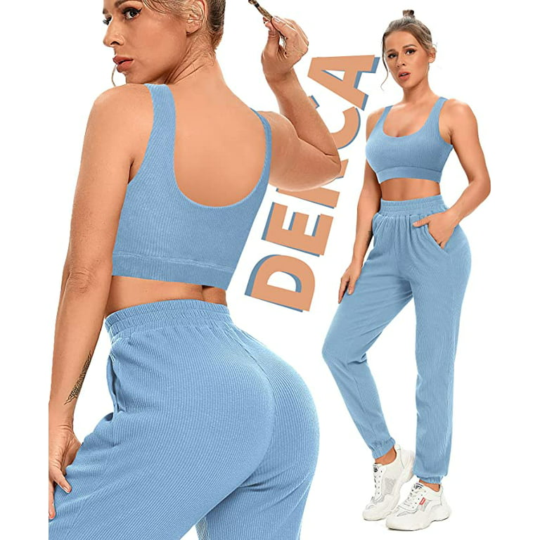 Two Piece Workout Outfits for Women Jogger Sweatpants Sets with Pockets  Ribbed Sports Bra Gym Activewear (Turquoise,Medium) 