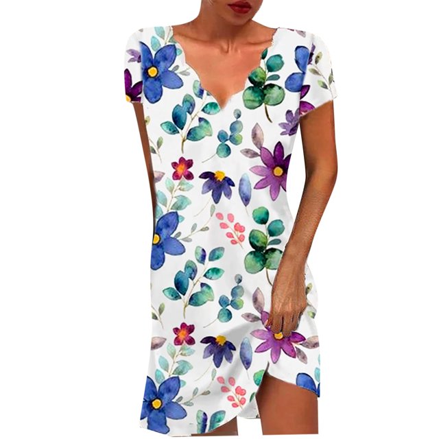 Robes d'Été pour Femmes Col en V Imprimé Floral Manches Courtes Élastiques Mini Robe Décontractée Plage Soleil