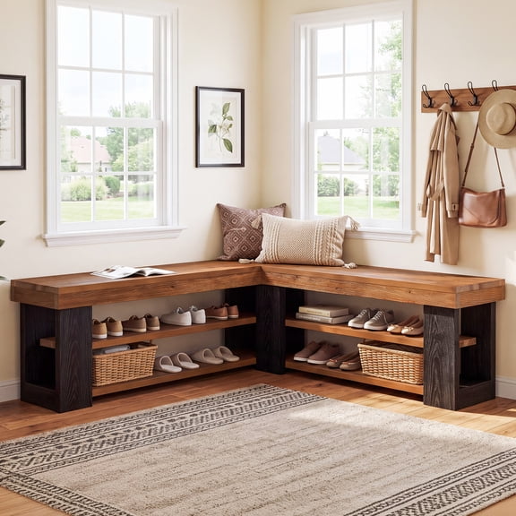 Finmind 47.3" Solid Wood Corner Bench, 3-Tier L Shaped Bench, Farmhouse Entryway Wood Bench for Living Room, Bedroom, Hallway, Brown and Black