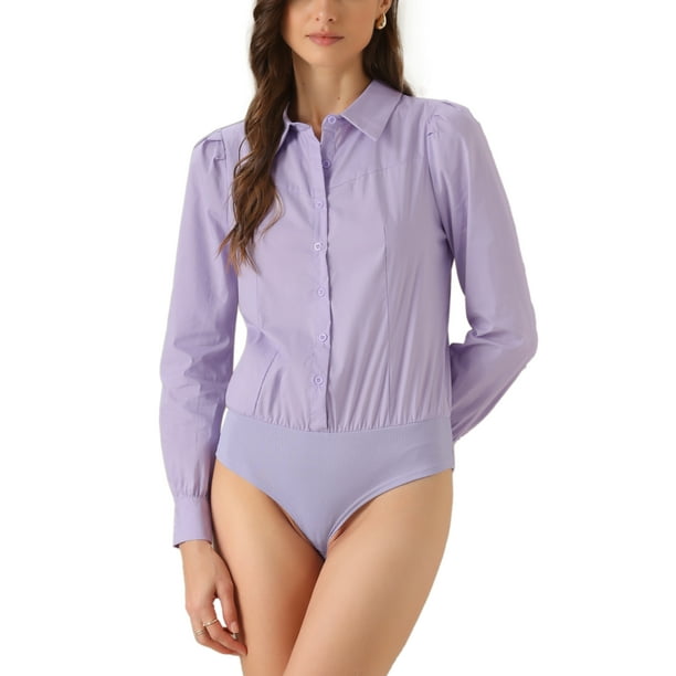Camiseta de leotardo INSPIRE CHIC para mujer, con cuello, casual de negocios, con botones, de manga larga, body top, color púrpura
