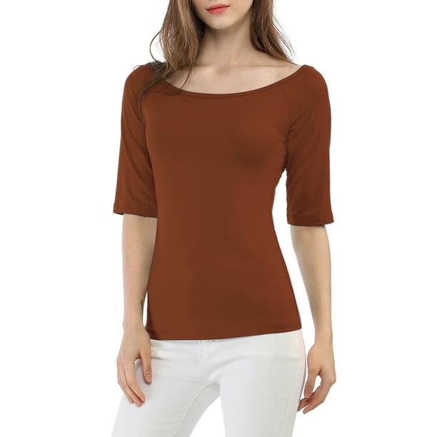INSPIRAR CHIC Camisetas de Cuello Barco para Mujeres, de Manga Corta, Ajustadas, Suaves, T-Shirt S Marrón