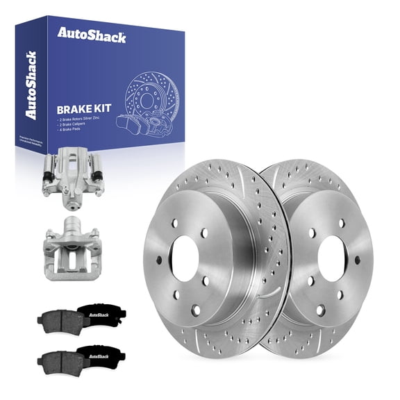 AutoShack Rear Vented Drilled & Slotted Silver Zinc Coated Brake Rotors   Premium Ceramic Pads   Calipers 8-PC Brake Kit Replacement for 2005-2012 Nissan Pathfinder SilverShield Pro 12.11" (307.6 mm)