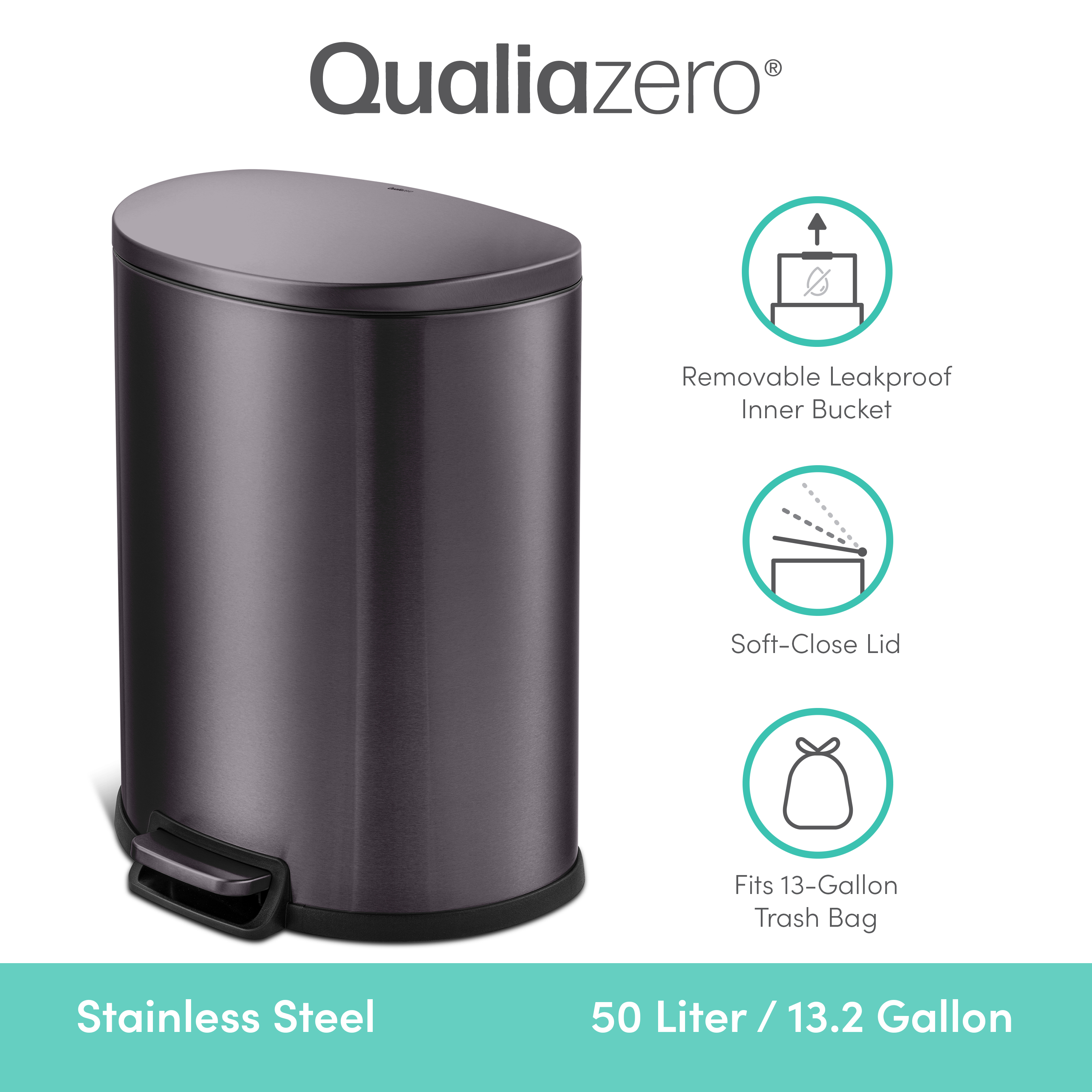 Qualiazero Kitchen Trash Can, 13.2 Gallon Stainless Steel Step Garbage Bin with Soft Close Lid, Black