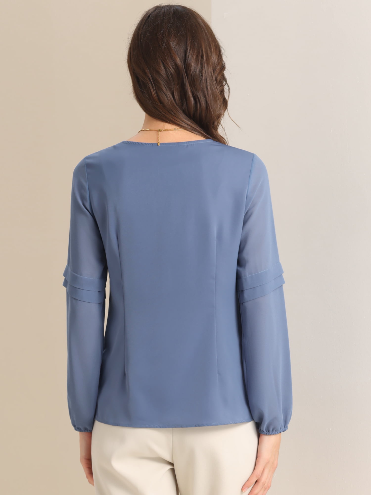 DARING DIVA Chiffon Semi Sheer Long Sleeves Keyhole Neck Blouse L Blue