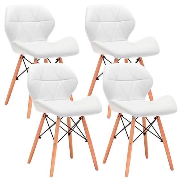 set de 4 sillas tipo eames pido todo tapizada acolchonada comedor moderno blanco 6.49 pulg Set de cuatro sillas estilo Eames tapizadas en blanco con asiento y respaldo acolchonado y costuras geométricas, patas de madera clara con refuerzos metálicos negros en cruz; vista 3/4 sobre fondo neutro, altura de asiento 46 cm, aptas para comedor moderno, sala u oficina. Además, su tamaño las hace frecuentemente utilizadas como sillas auxiliares en espacios de trabajo en casa.