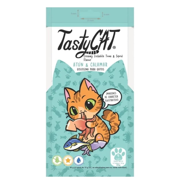 Tasty CAT Golosina Para Gatos Atun y Calamar (Caja Con 12 Sobres)