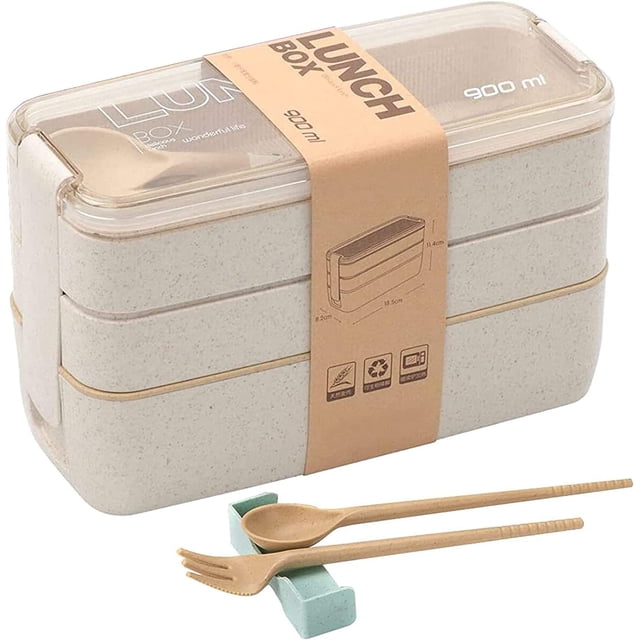Kidsjoy Beige Stackable Bento Lunch Box, 3-Compartment Wheat Straw Container with Cutlery for Kids, 1-Pack | Food Storage & on-the-Go Container