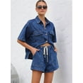 thumbnail image 3 of Women'S Denim 2 Piece Outfits Short Sleeve Button Down Shirt Drawstring Shorts Set Casual Jean Outfits Dark Blue S, 3 of 7