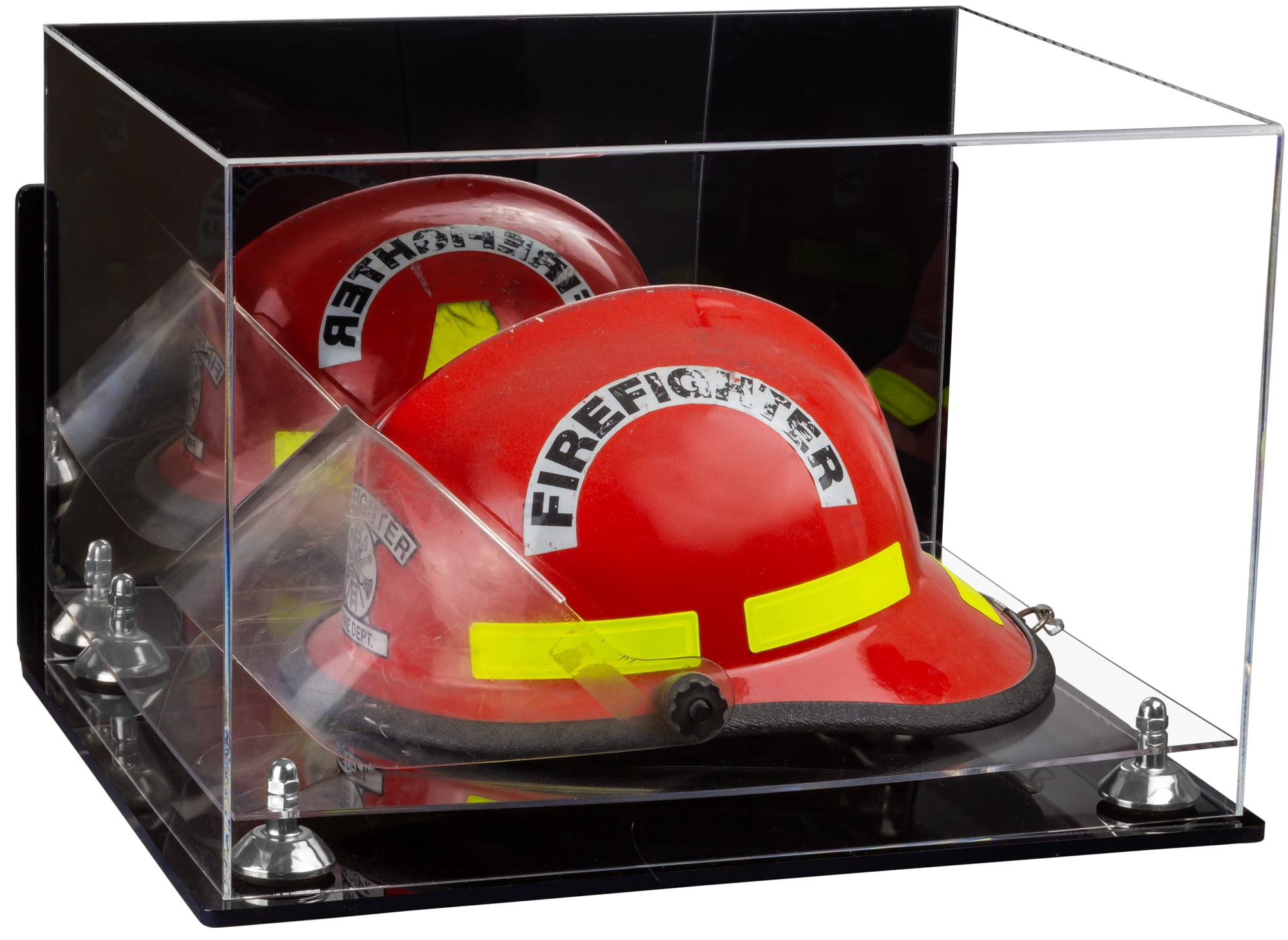 Acrylic Fireman's Helmet Display Case with Mirror, Wall Mount, Silver Risers and Clear Base