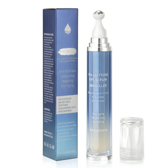 Eye Cream with 5% Caffeine & 8% Retinol for Dark Circles, Puffiness, Eye Bag and Wrinkles - Anti-aging Under Eye Cream for Women, Eye Serum with 360° Massage Roller Ball, 0.5 fl.oz