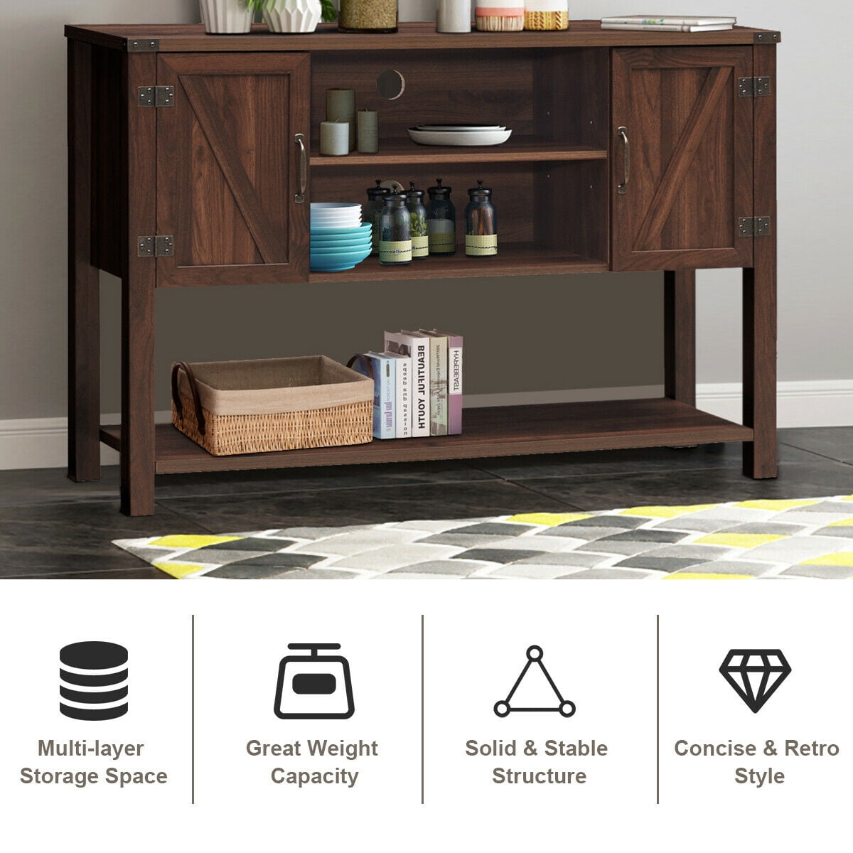 Gymax Console Table Sideboard Buffet TV Stand with Storage Cabinets & Bottom Shelf