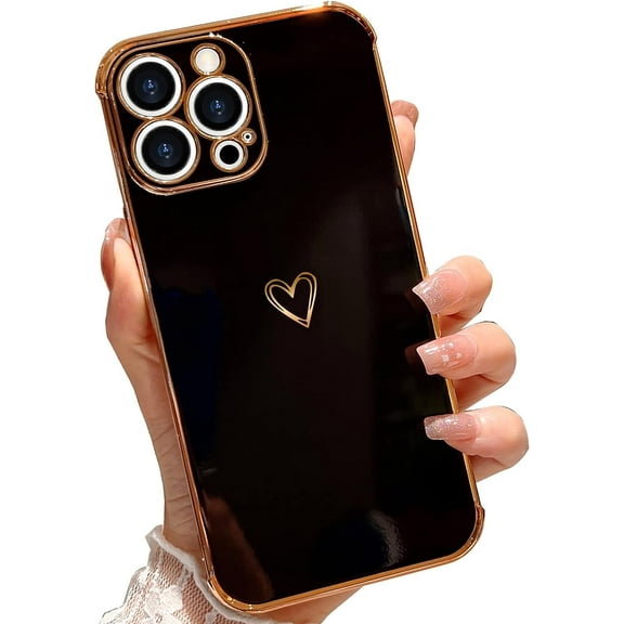 Compatible with iPhone 11 Pro Case Cute Heart for Women Girls, Plating Raised Corners Bumper & Full Camera Protective Cover Shockproof Silicone Phone Case for iPhone 11 Pro, Black