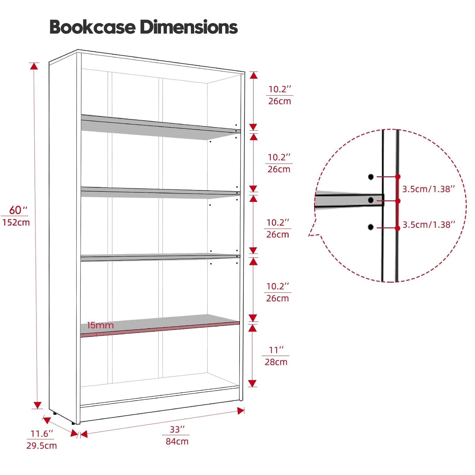 Farini 5 Tiers Bookcase, Wooden Bookcase with Adjustable Shelves for Home, Office, Mahogany