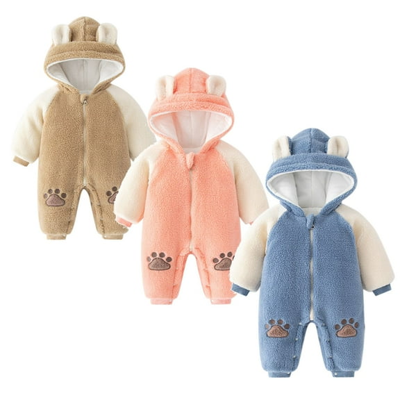 URMAGIC 3-24 Months Baby Boy Girl Fall And Winter Snowsuit Toddler Kids Fleece Hooded Romper Outerwear Cartoon Bear Print Bodysuit Thicken Warm Jumpsui