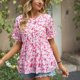 thumbnail image 5 of Camiseta holgada de verano con cuello redondo y estampado floral de manga corta con dobladillo con volantes para mujer, 5 of 8