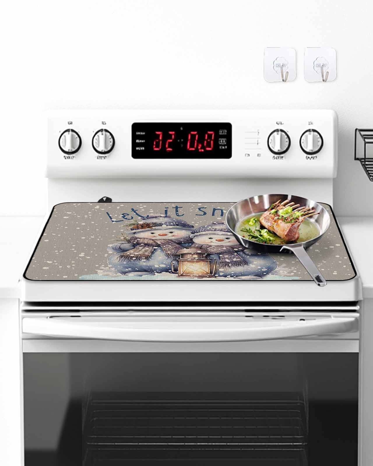Stove Top Covers for Electric Stove, Christmas Snowman Kitchen Glass Ceramic Electric Cooktop Covers, Winter Snowflake Grey Rustic Burlap HeatResistant Oven/Countertop/Dishwasher/Sink Protector