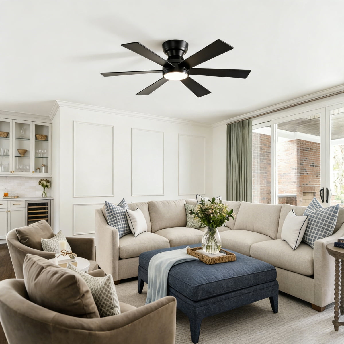 46" Flush Mount Ceiling Fan with Lights Remote Control,Quiet DC Motor 6 Plywood Blade Ceiling Fans 6 Speed Levels,Reversible Ceiling Fan,for Patio Living Room, Bedroom,Office,Indoor.( SLIVER)