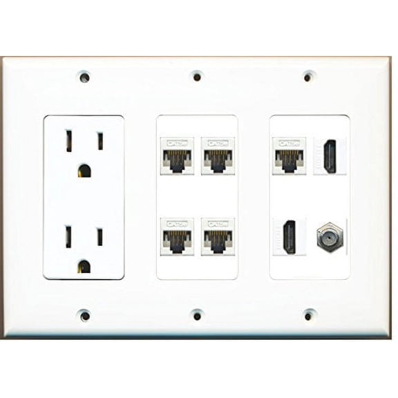 RiteAV (3 Gang 15A Power Outlet 2 HDMI Coax 5 Cat5e White Wall Plate White