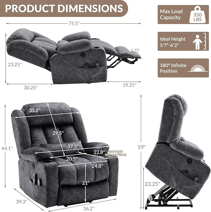 EPICOZY Oversized Dual Motor Power Lift Recliner Chair with Extended Footrest for Big Tall Man, Lay Flat Sleeper Electric Recliner with Massage and Heat, Lumbar Pillow, USB & Type-C Port, Gray