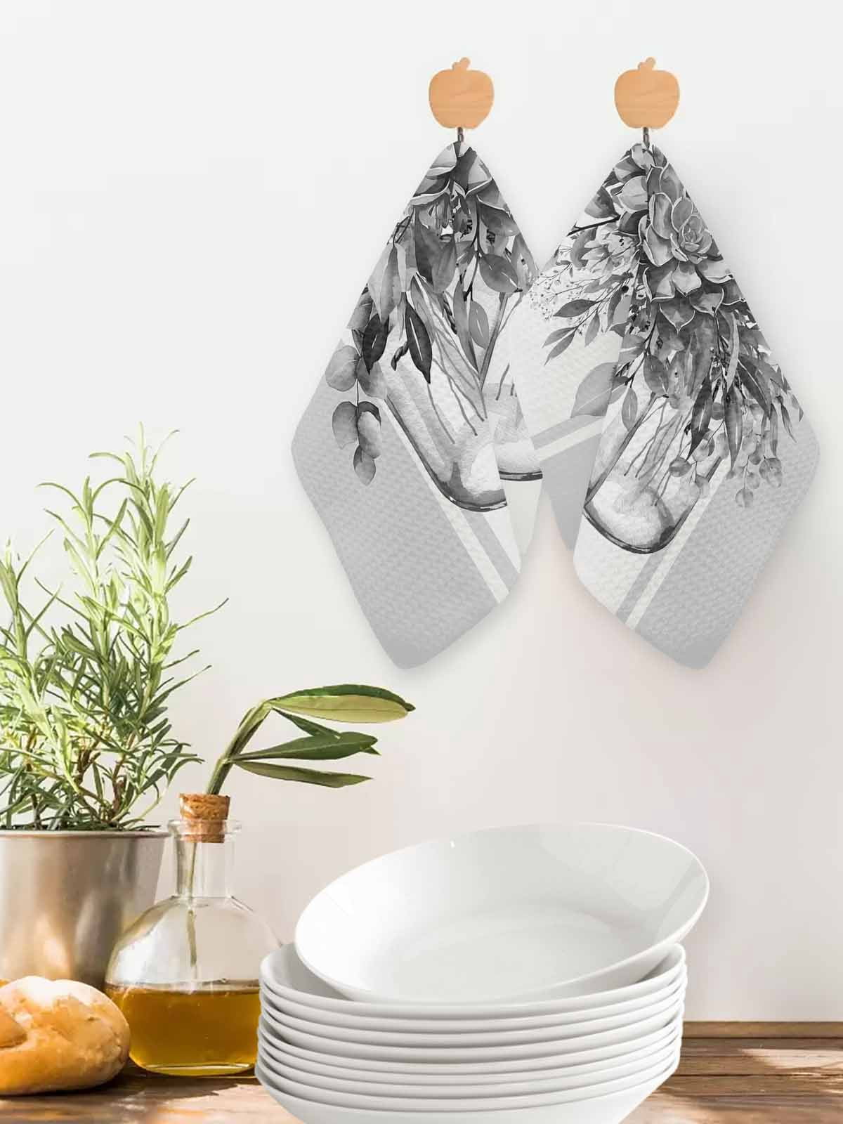 Eucalyptus Gray Dish Towels Set, Waffle Weave Kitchen Towels 4 Pieces, Stripes Bottle Flower Cactus Plant Microfiber Hair Face Bath Tea Towel Absorbent Quick Drying Cleaning Dish Cloths 12"x12"