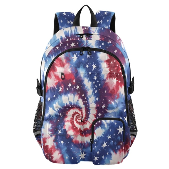 DIXRUYEE Red and Blue Tie Dye Swirl Pattern Backpack for School 14”Laptop Compatible with Reflective Safety Strips