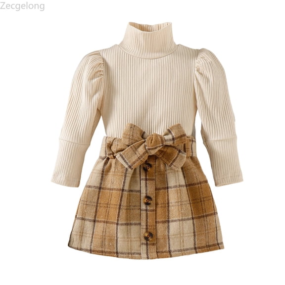 Zecgelong Autumn Winter Girls Outfits Two Piece High Neck Plaid Skirt Coordinated And Bottoms Fashion Ensemble For Toddler And Youth Girls 2 Piece Sets Age 18-24 Months