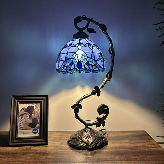 Tiffany Table Lamp Blue Stained Glass Baroque Style Lavender Iron Metal Leaves Bronze Base Included LED bulb For Living Room Bedroom Bedside 11"W*8"D*21"H