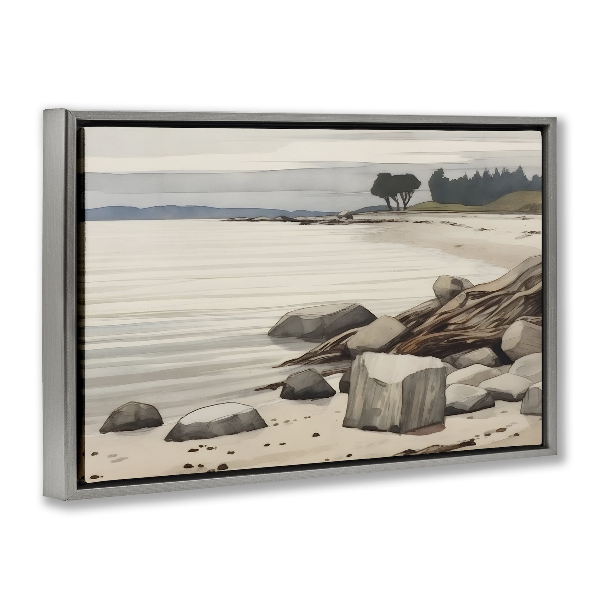 Stupell Industries Beach Rock View Landscape & Nature Painting Gray Floater Framed Canvas Art Print Wall Art, 25 x 17