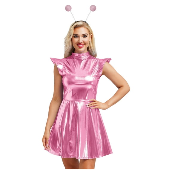 iiniim Womens Alien Costume 2 Piece Cosplay Outfits Shiny Metallic A-line Dress with Headwear Pink M