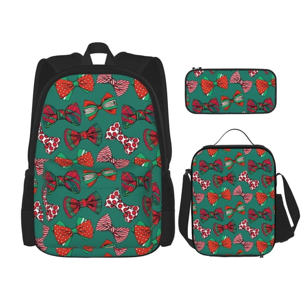 Fotbe red and green bow tie Set Escolar 3 en 1 para Niños - Mochila Duradera con Lonchera Aislante y Estuche para Lápices - Mochila Escolar para Niños y Niñas