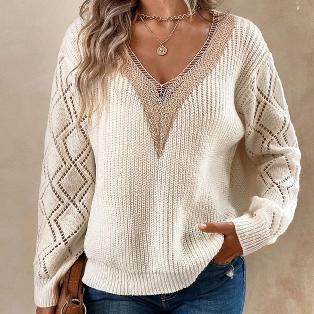 Suéter Suéter de punto para mujer, Top informal con encaje acanalado, Tops elegantes y cómodos Ygjytge Blanco T M para Mujer