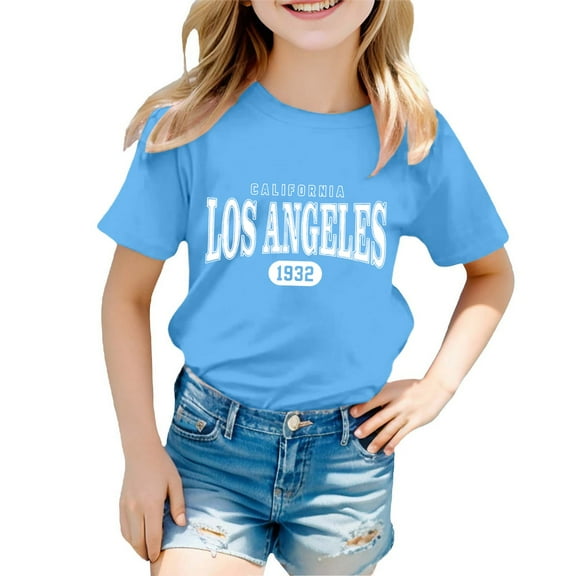 Razzly Little Girls Shirts Short Sleeve for Kids, Los Angeles Tee Shirts Graphic Girls Short Sleeve Shirt Kid Cotton T-Shirt Basics T Shirt Teen Girl Summer Shirts(Blue 5-6 Years)