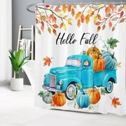 HVEST Hello Fall Shower Curtain Maple Leaves Pumpkin and Blue Truck Shower Curtain for Bathroom, Farmhouse Harvest Autumn Bath Curtain with Hooks Holiday Bathroom Decorations, 72W X 78L Inches