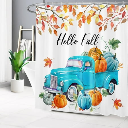 HVEST Hello Fall Shower Curtain Maple Leaves Pumpkin and Blue Truck Shower Curtain for Bathroom, Farmhouse Harvest Autumn Bath Curtain with Hooks Holiday Bathroom Decorations, 72W X 78L Inches