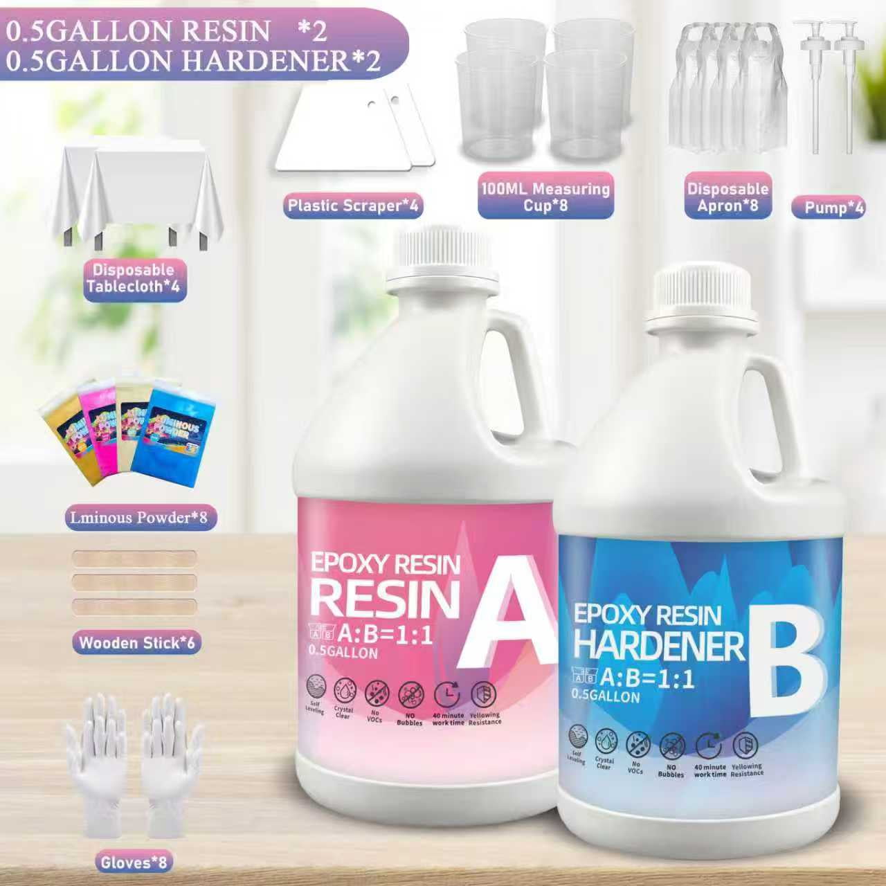Crystal Clear Epoxy Resin Kit 1GAL With 4 luminous powder- 1:1 Mixing Ratio, Bubble Free & Anti-Yellowing - High Gloss Casting & Coating Resin for Jewelry, River Tables, Bar Top, Countertops & Wood