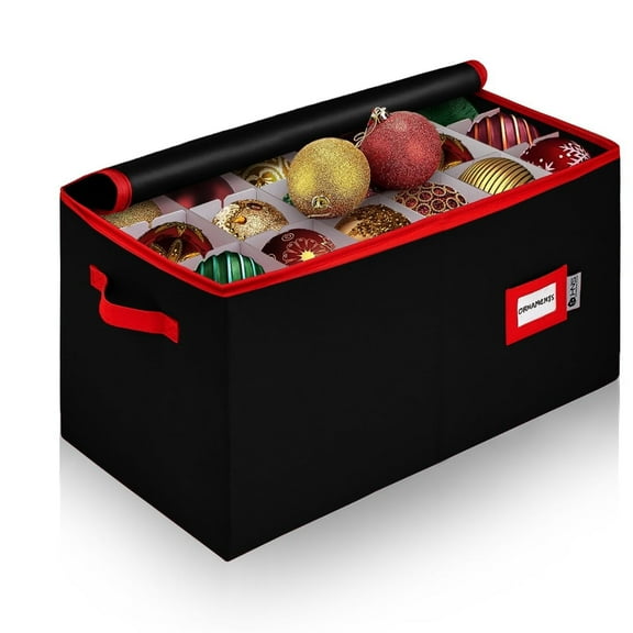 Hold N' Storage Christmas Ornaments Storage Box Polyester with Zipper, up to 54 -4" Ornaments – Black with Red Trim