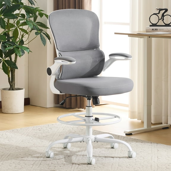 SKTPI Drafting Chair Breathable Mesh Upholstory, Swivel Tall Office Desk Chair with Flip-Up Aremrests, Ergonomic Lumbar Support, Adjustable Foot Ring for Home or Drawing Use,White