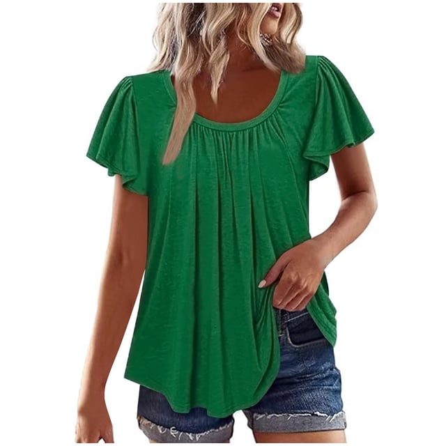 Yanlir Women's Solid Color Round Neck Short Sleeve Blouse Casual Spring Summer Tops Lightweight Fashion Basic(Green#1,)