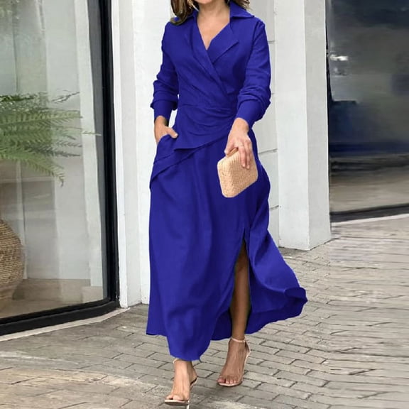 Conairie Flowy Dresses for Women Solid Color V Neck Loose Fashion Long Sleeve Dress Lightweight Spring Fall formal Dresses Blue L