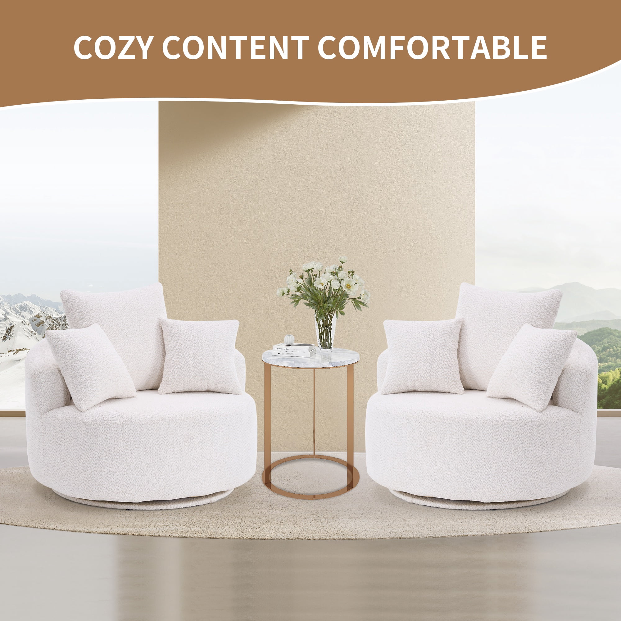 PORKISS Oversized Swivel Accent Chair Barrel Chair, Crochet Yarn Upholstered Armchair with 3 Pillows, Round Armchair Leisure Sofa Chair for Living Room Office Lounge Hotel, White