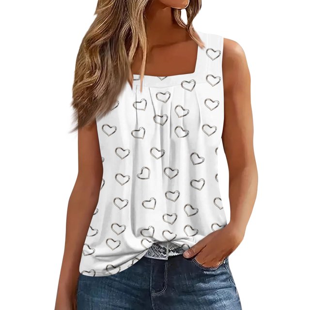 camiseta con estampado de chaleco sin mangas con cuello cuadrado plisado para mujer blanco / 3xl