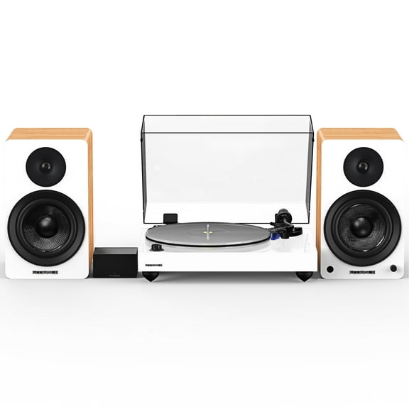 Fluance Reference RT85 High Fidelity Vinyl Turntable (White), PA10 Phono Preamp, Ai61 Powered 6.5" Bookshelf Speakers (Lucky Bamboo), Ortofon 2M Blue Cartridge, 120W Class D Amplifier, Bluetooth