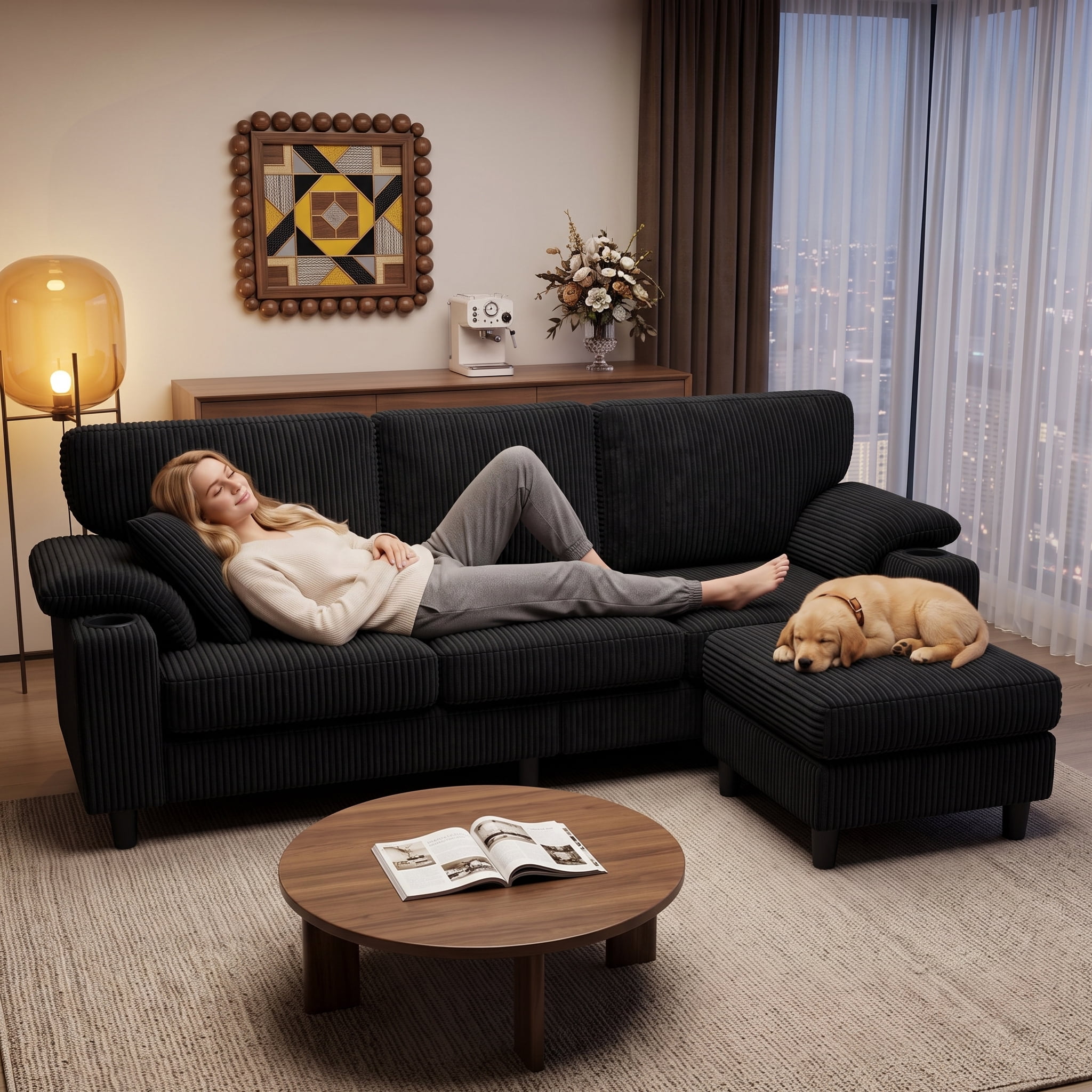 Anpport 80" L‑Shaped Corduroy Sectional Sofa, 3‑Seater Couch with Storage Ottoman, USB Port & Cup Holders for Small Spaces, Black